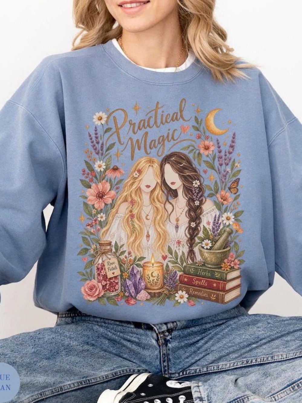 Practical Magic Illustrated Blue Graphic Sweatshirt